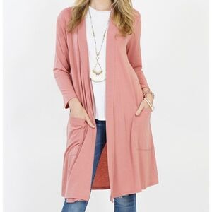 Zenana premium three-quarter sleeve slouchy pocket open cardigan small